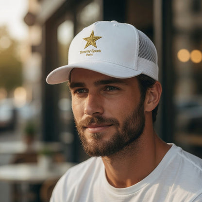 Tommy Spark Paris Luxury Trucker Cap | 5-Panel Yupoong 6006 | Premium Gold Star Hat