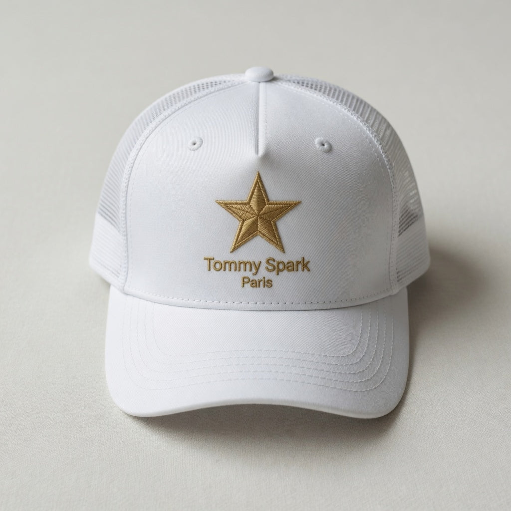 Tommy Spark Paris Luxury Trucker Cap | 5-Panel Yupoong 6006 | Premium Gold Star Hat