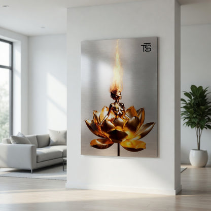 Golden Lotus Dream – Gebürstetes Aluminium | Luxus-Kunst von Tommy Spark