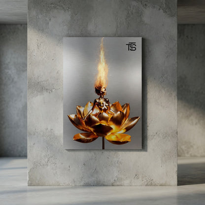 Golden Lotus Dream – Gebürstetes Aluminium | Luxus-Kunst von Tommy Spark