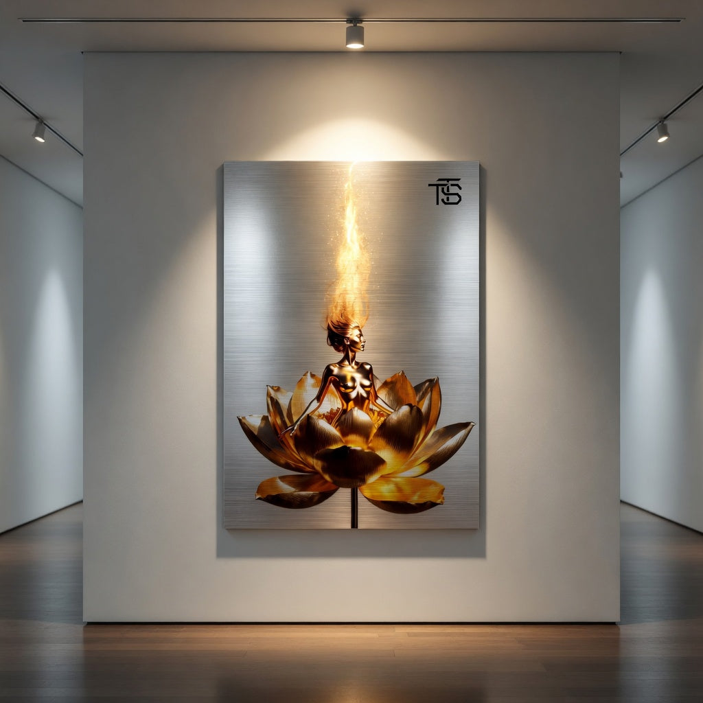 Golden Lotus Dream – Gebürstetes Aluminium | Luxus-Kunst von Tommy Spark