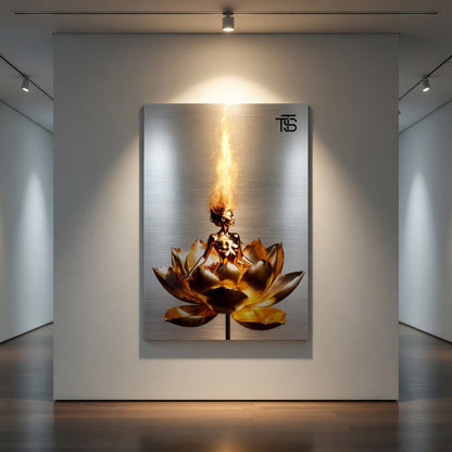 Golden Lotus Dream – Gebürstetes Aluminium | Luxus-Kunst von Tommy Spark