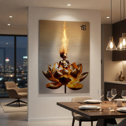 Golden Lotus Dream – Gebürstetes Aluminium | Luxus-Kunst von Tommy Spark