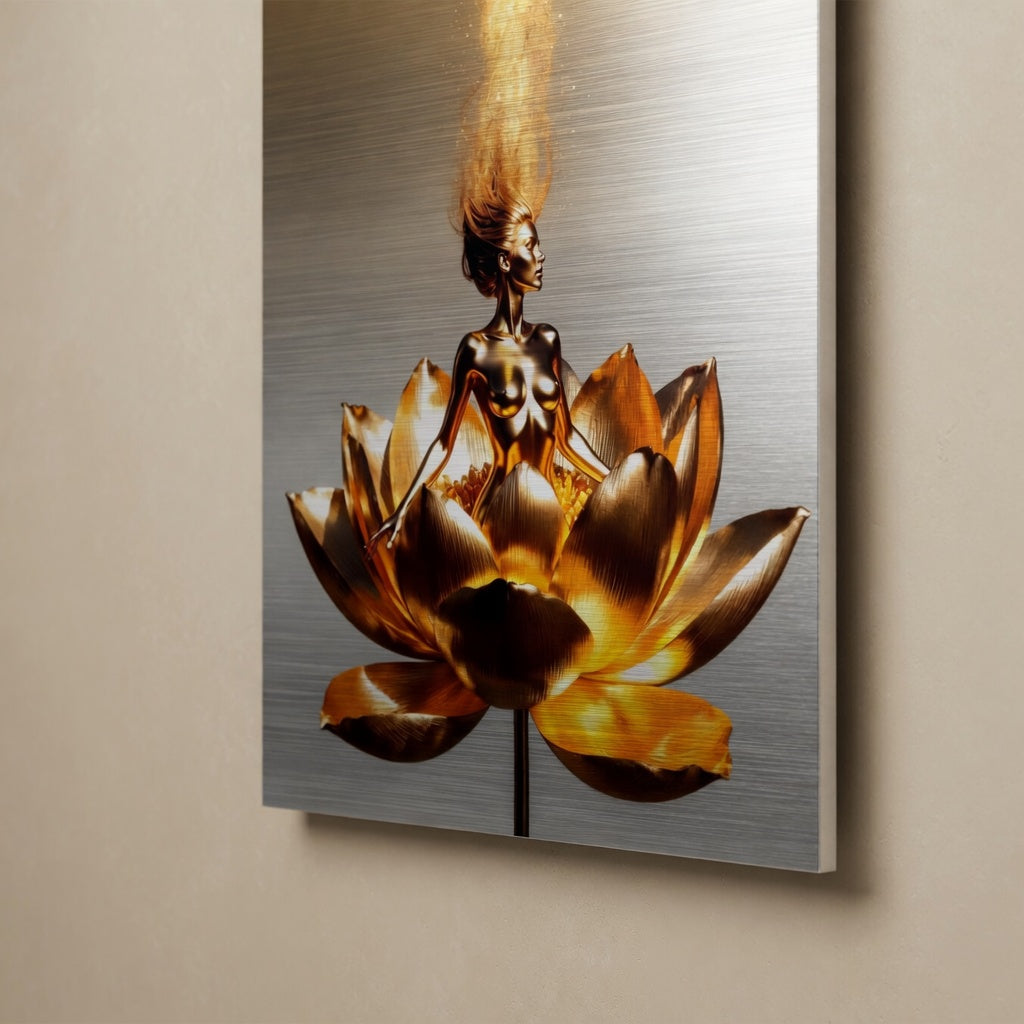 Golden Lotus Dream – Gebürstetes Aluminium | Luxus-Kunst von Tommy Spark