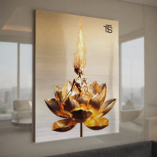 Golden Lotus Dream – Gebürstetes Aluminium | Luxus-Kunst von Tommy Spark