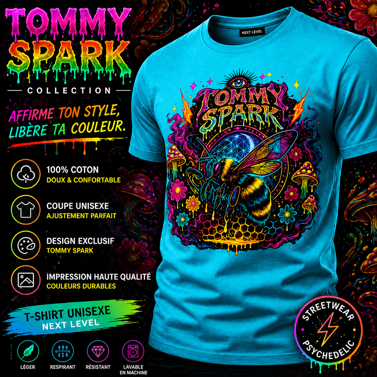 T-shirt Tommy Spark Bee Psychedelic - Turquoise | Graphic Tee Unisexe Next Level