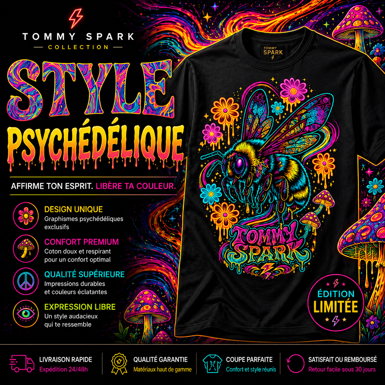 T-shirt épais unisexe bourdon psychédélique coton